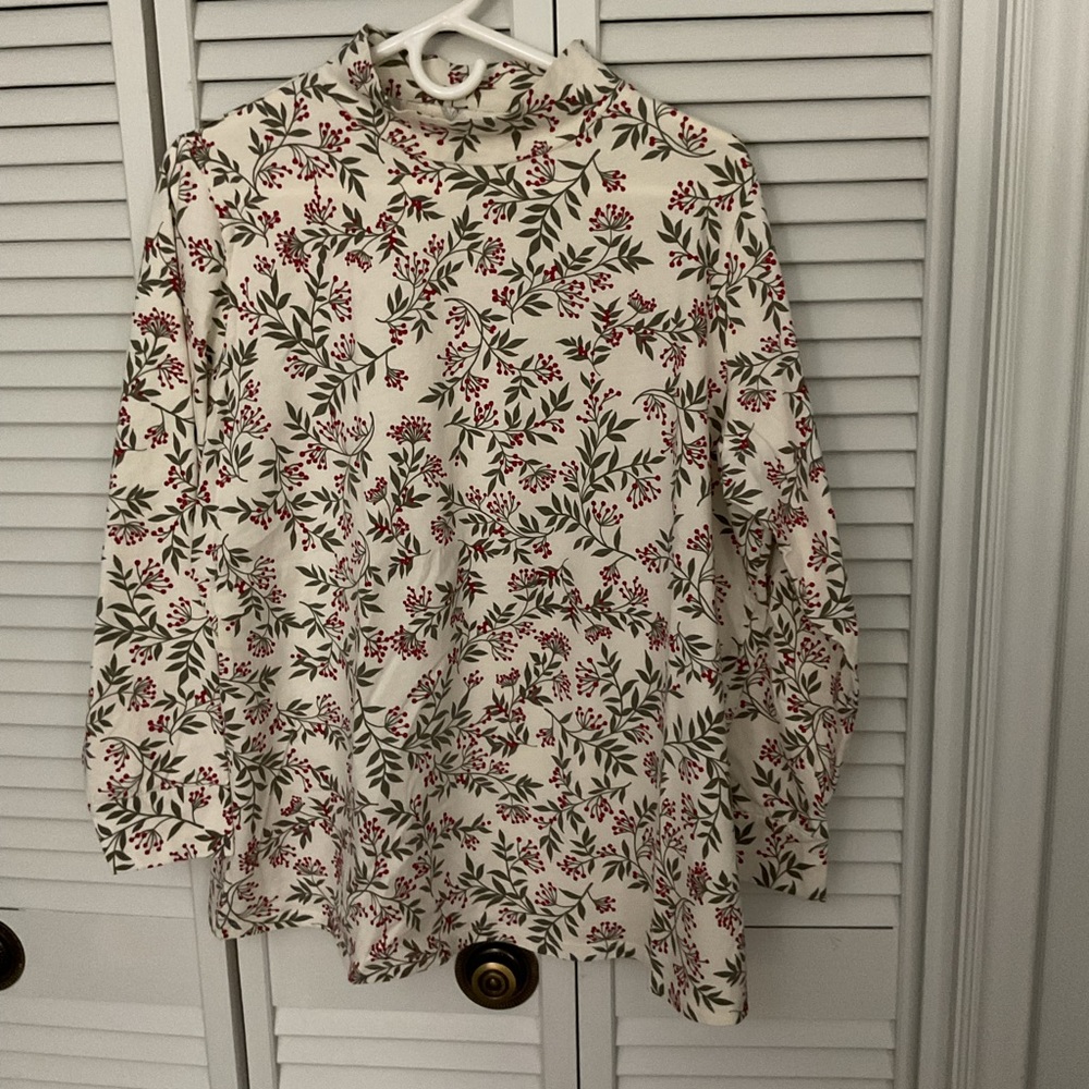 Woman Within Cream and Red Floral Blouse - holly berries design.